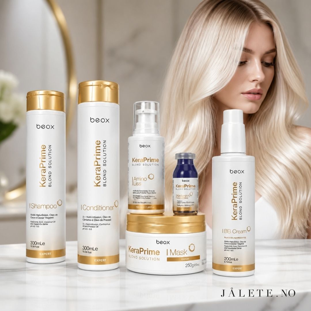KeraPrime bundle med 100 ml keratinbehandling, Shampoo, Conditioner, Masque, BB Cream og Toning Ampoule. Komplett behandling og hjemmepleie.