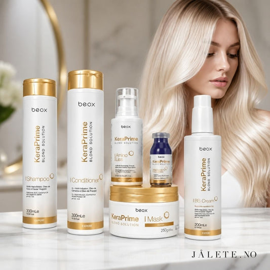 KeraPrime bundle med 100 ml keratinbehandling, Shampoo, Conditioner, Masque, BB Cream og Toning Ampoule. Komplett behandling og hjemmepleie.