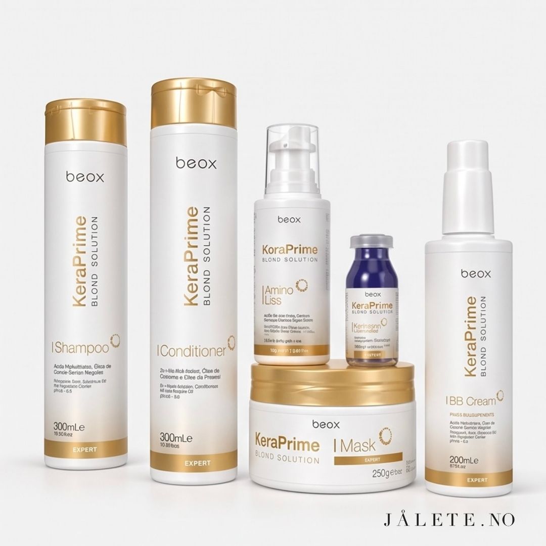 KeraPrime bundle med 100 ml keratinbehandling, Shampoo, Conditioner, Masque, BB Cream og Toning Ampoule. Komplett behandling og hjemmepleie.