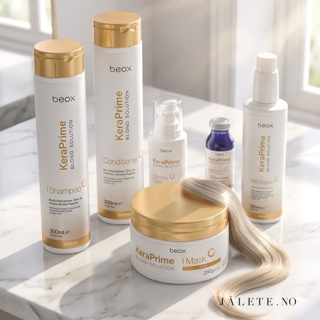KeraPrime bundle med 100 ml keratinbehandling, Shampoo, Conditioner, Masque, BB Cream og Toning Ampoule. Komplett behandling og hjemmepleie.