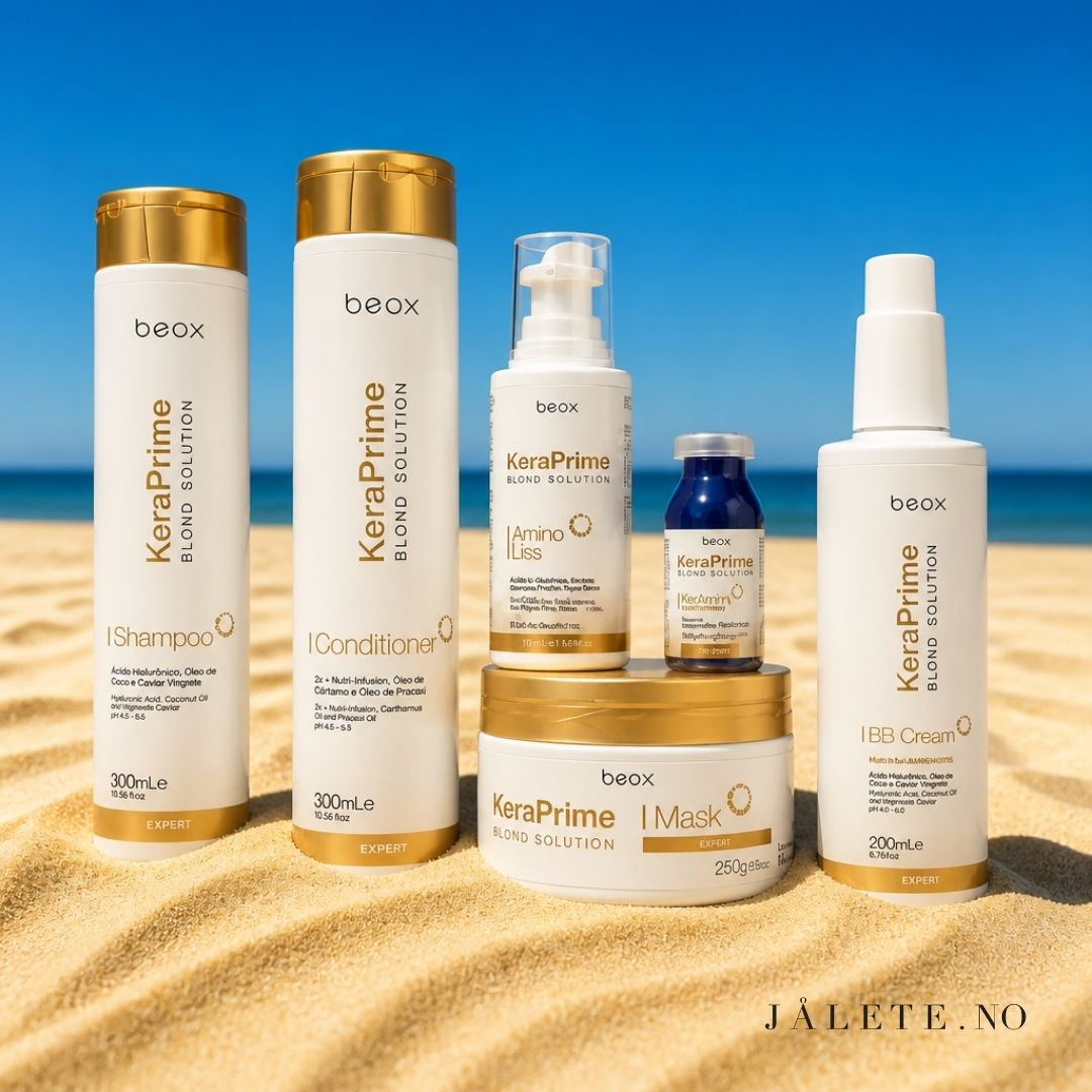 KeraPrime bundle med 100 ml keratinbehandling, Shampoo, Conditioner, Masque, BB Cream og Toning Ampoule. Komplett behandling og hjemmepleie.