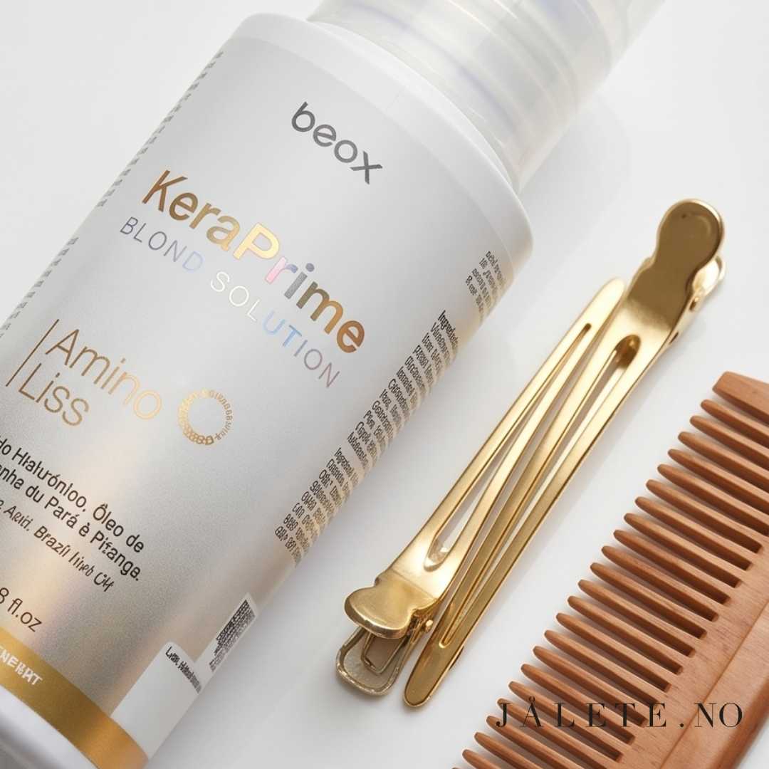 KeraPrime keratinbehandling hjemme for blondt hår med lilla pigmebter. Sunnere, sterkere, glattere og mindre frizzy hår. Jålete.no
