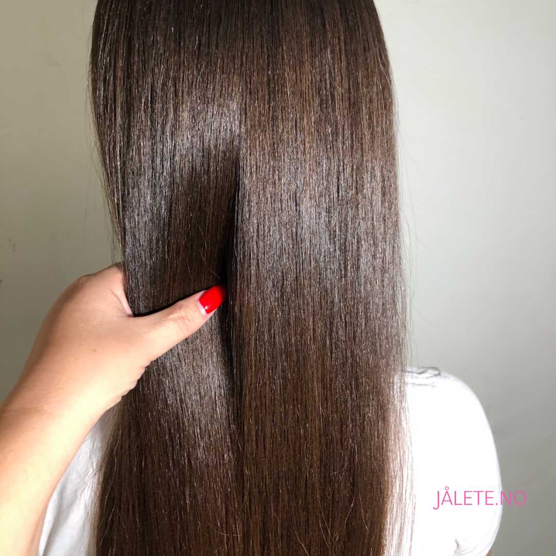 Før og etter keratinbehandling – frizzy og tørt hår før behandling, glatt og glansfullt hår etter keratinbehandling hjemme