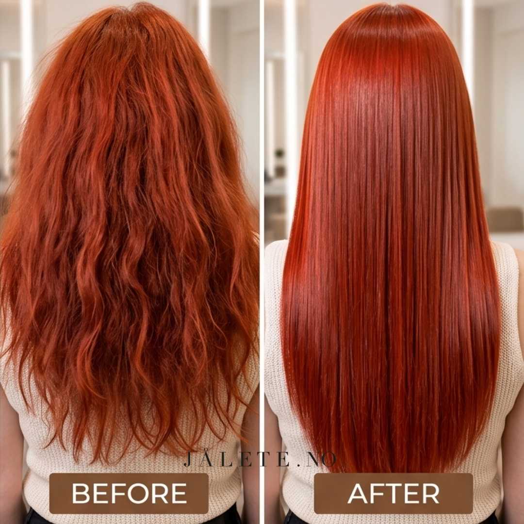 Keratinbehandling before and after hjemme behandling Keraoffee Vegan vegansk keratinbehandling Jålete.no