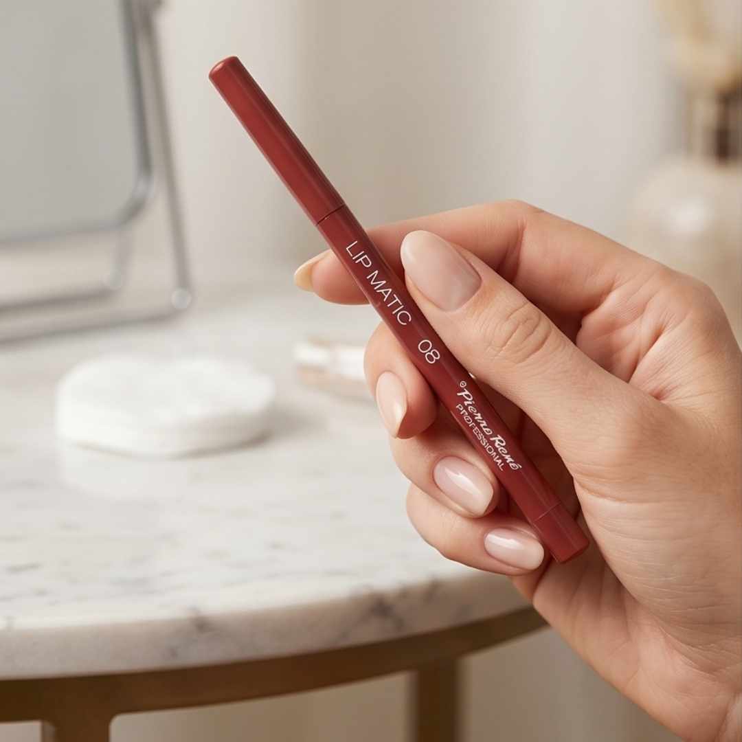  Pierre René Lip Matic Lipliner er en vannfast lipliner i twist-format (ingen spissing) som gir presis definisjon og bedre hold under gloss eller lip oil.
