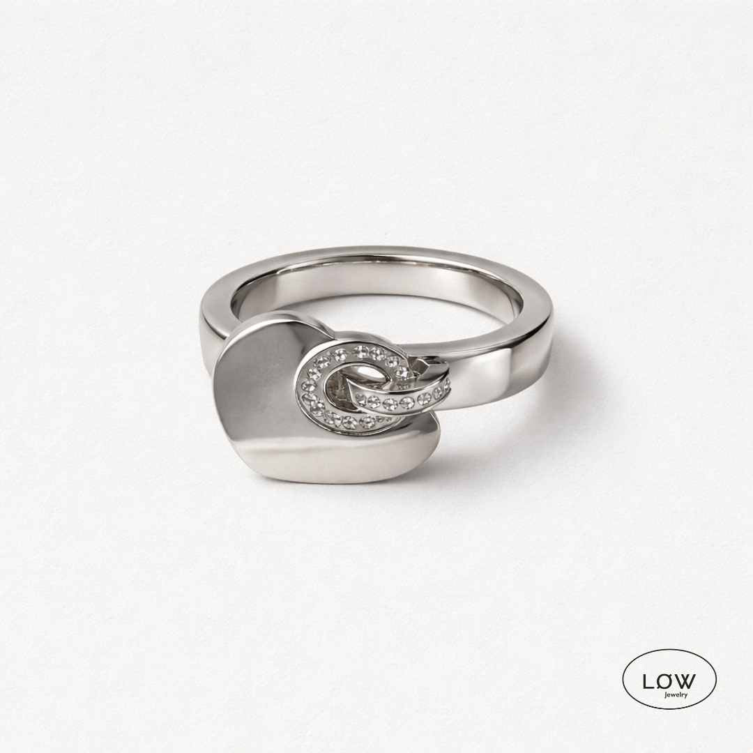 LoveHeart Charms Ring Silver fra LØW Jewelry charmsring med hjerte og zircon stainless steel 18K hvitt gull