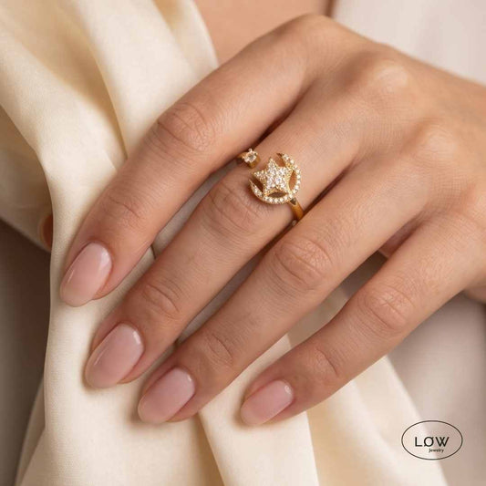 Moon Star Spinner Ring Gold fra LØW Jewelry fidget stressring open ring justerbar ring