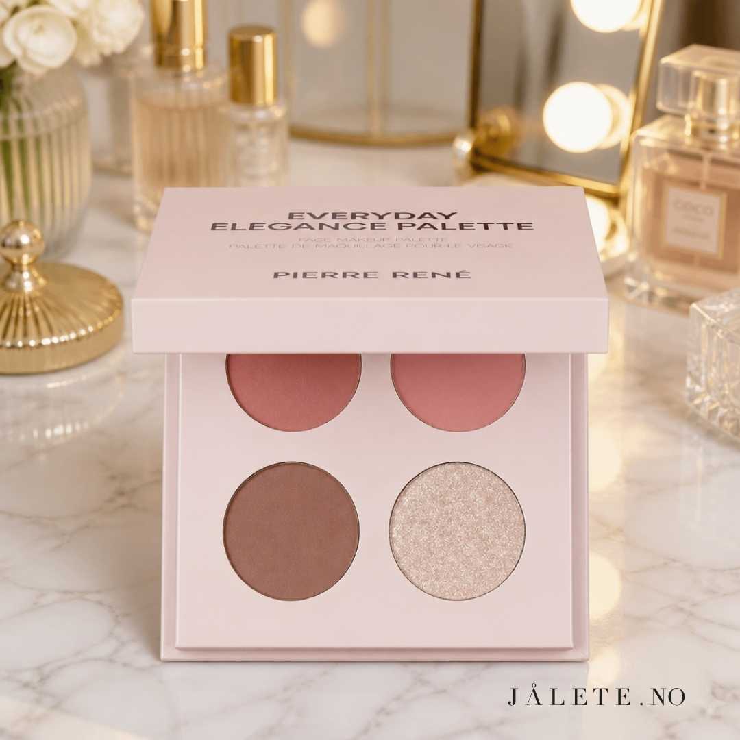 Pierre René Everyday Elegance Palette Rose med to matte blush, bronzer og highlighter. En kompakt palett til ansikt og øyne med byggbare nyanser.