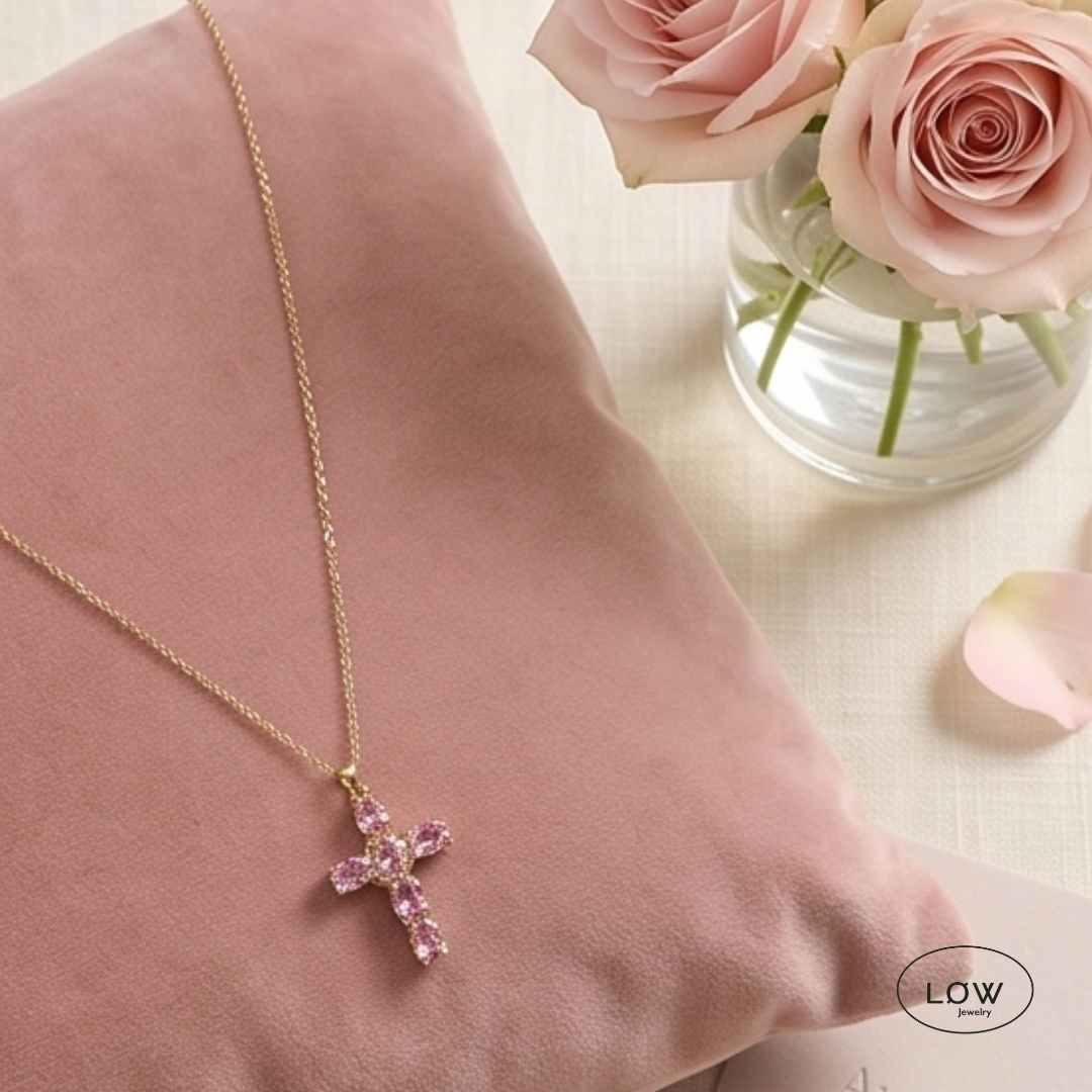 Halssmykke Kors Pink Zircon Cross Pendant Necklace LØW Jewelry