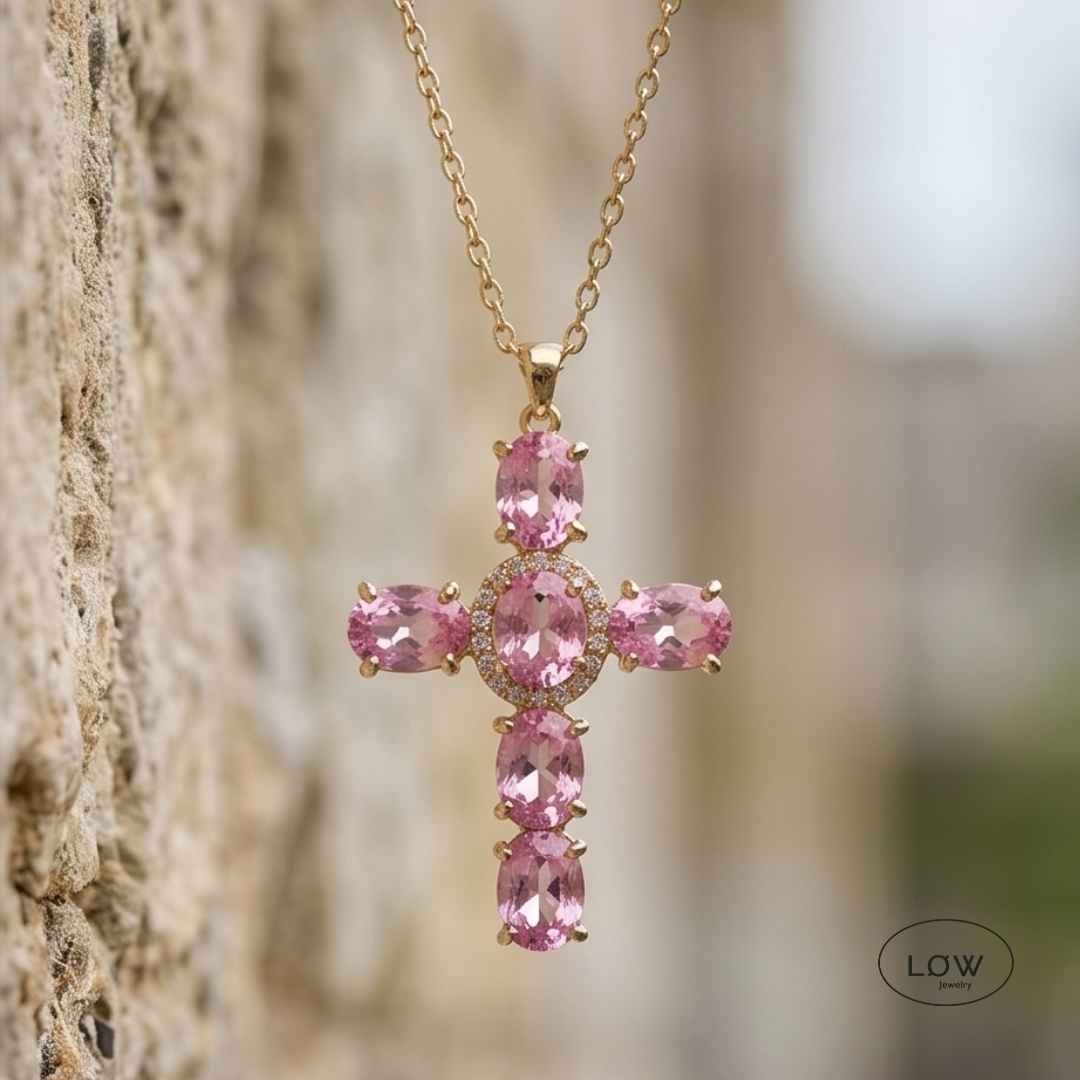 Halssmykke Kors Pink Zircon Cross Pendant Necklace LØW Jewelry