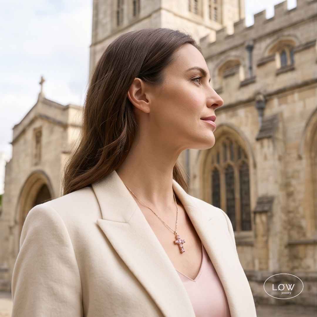 Halssmykke Kors Pink Zircon Cross Pendant Necklace LØW Jewelry
