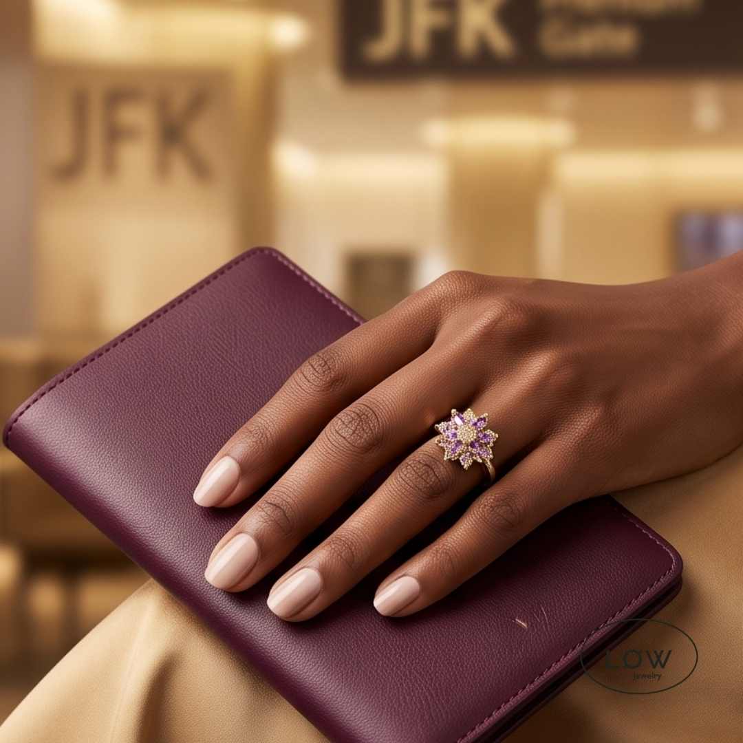 Gullfarget stressring med roterbar blomst, Clear og Purple Cubic Zirconia. Justerbar Open Ring i copper fra LØW Jewelry hos Jålete.no.