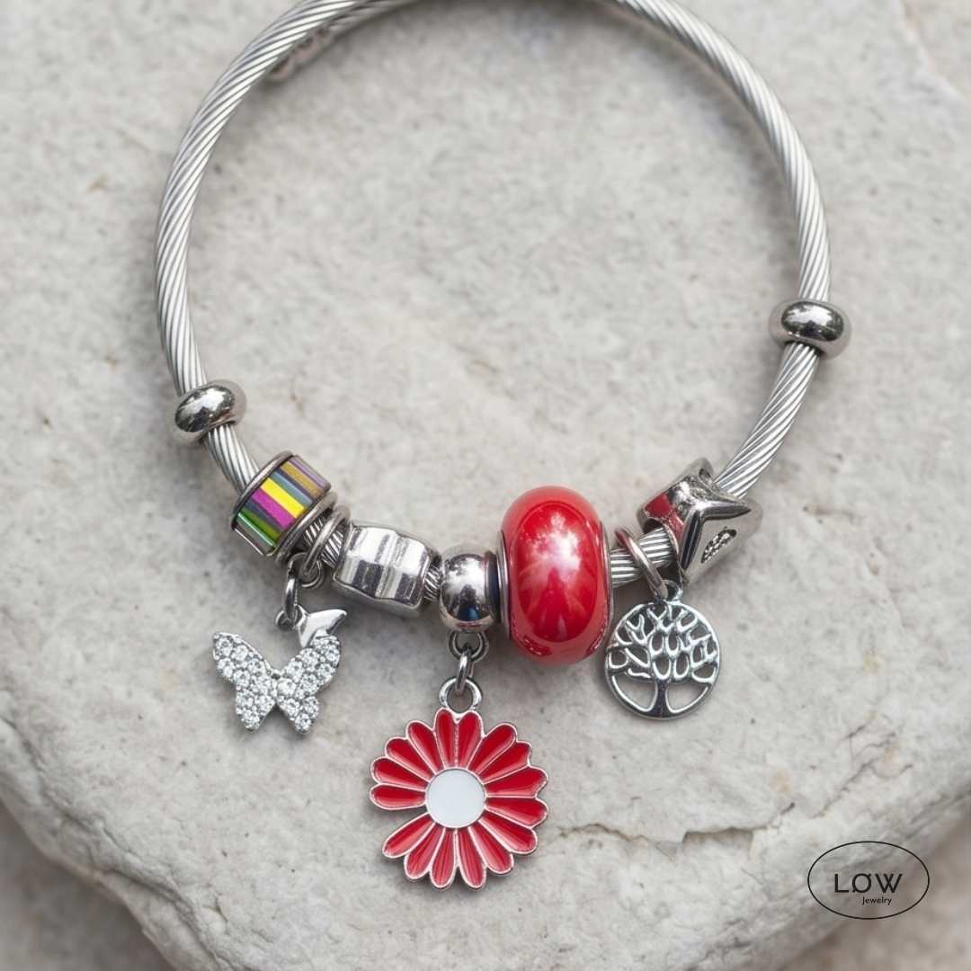 Red Sunflower Charm Bracelet LØW Ferdig fylt Charmsarmbånd LØW Jewelry