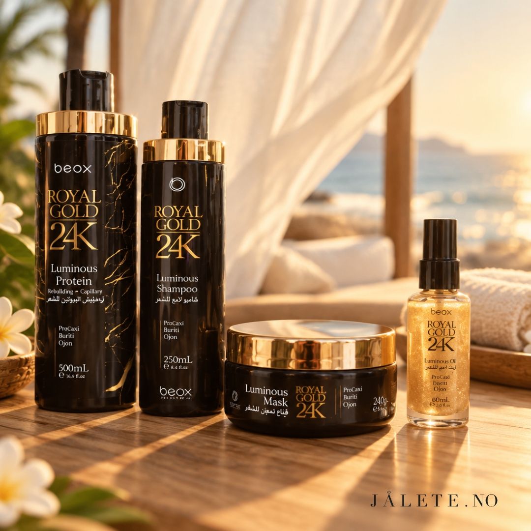 Komplett Royal Gold 24K-pakke med 500 ml keratinbehandling, Shampoo, Masque og Glow On hårolje. For mindre frizz, glans, mykhet og komplett hårpleie.