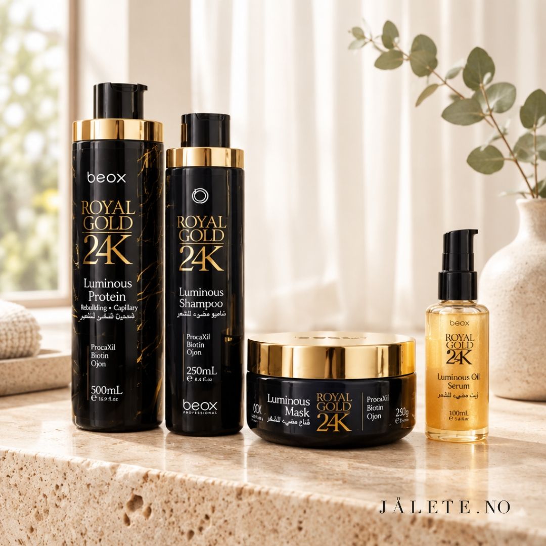 Komplett Royal Gold 24K-pakke med 500 ml keratinbehandling, Shampoo, Masque og Glow On hårolje. For mindre frizz, glans, mykhet og komplett hårpleie.