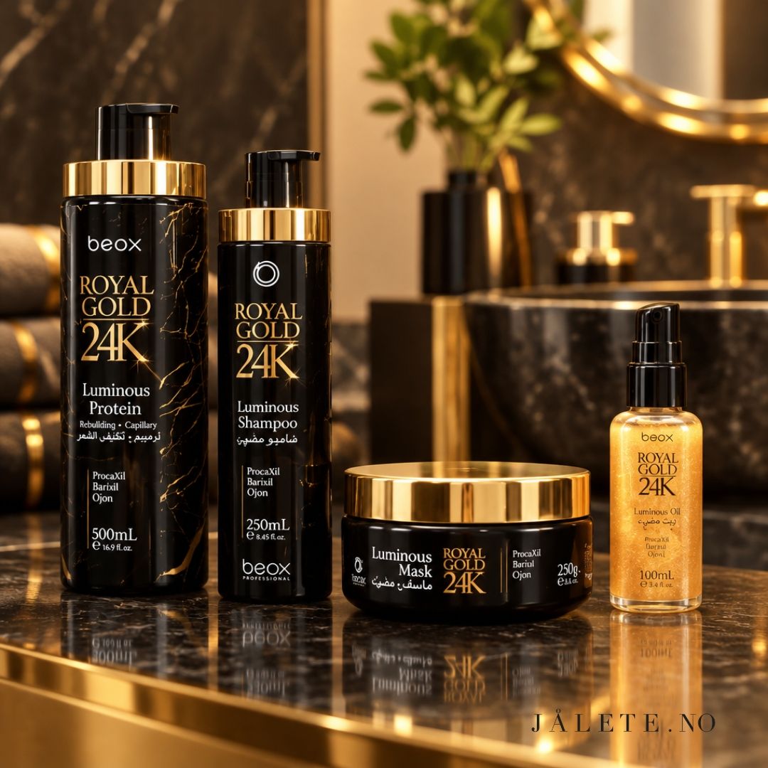 Komplett Royal Gold 24K-pakke med 500 ml keratinbehandling, Shampoo, Masque og Glow On hårolje. For mindre frizz, glans, mykhet og komplett hårpleie.