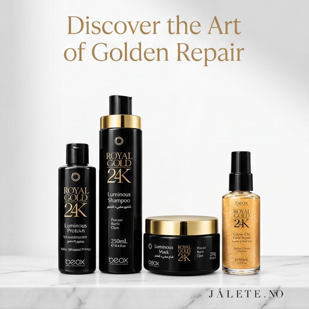 Komplett Royal Gold 24K-pakke med keratinbehandling, Shampoo, Masque og Glow On hårolje. For mindre frizz, mykere hår, mer glans og komplett hjemmepleie.