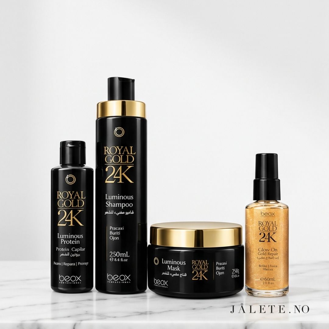 Komplett Royal Gold 24K-pakke med keratinbehandling, Shampoo, Masque og Glow On hårolje. For mindre frizz, mykere hår, mer glans og komplett hjemmepleie.