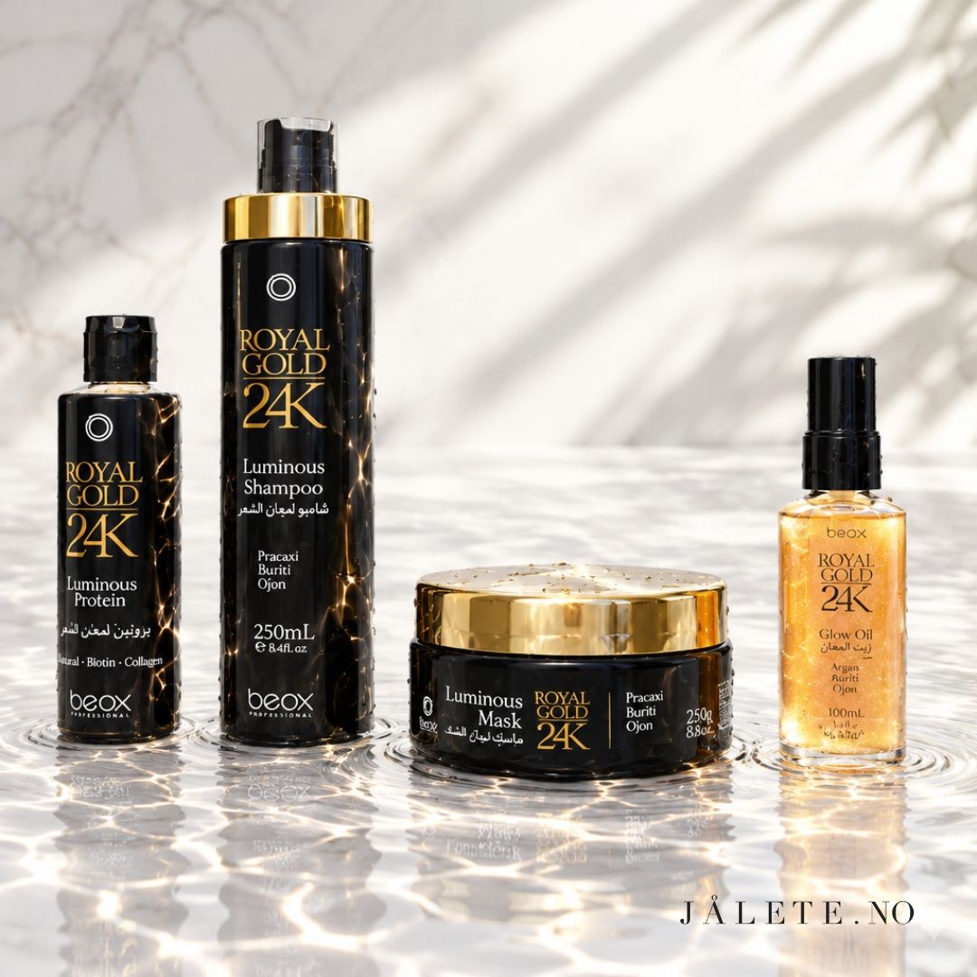 Komplett Royal Gold 24K-pakke med keratinbehandling, Shampoo, Masque og Glow On hårolje. For mindre frizz, mykere hår, mer glans og komplett hjemmepleie.