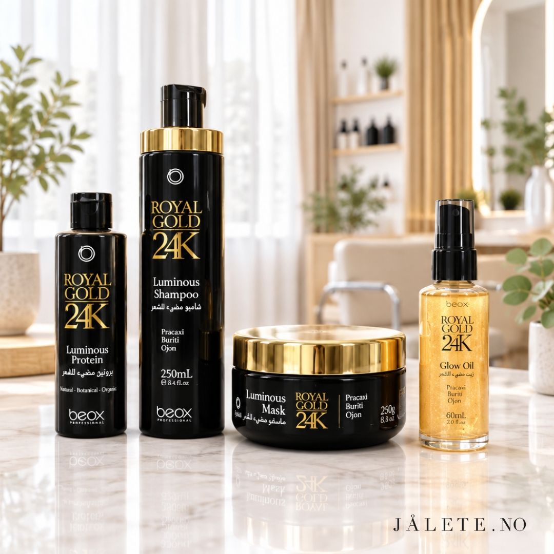 Komplett Royal Gold 24K-pakke med keratinbehandling, Shampoo, Masque og Glow On hårolje. For mindre frizz, mykere hår, mer glans og komplett hjemmepleie.