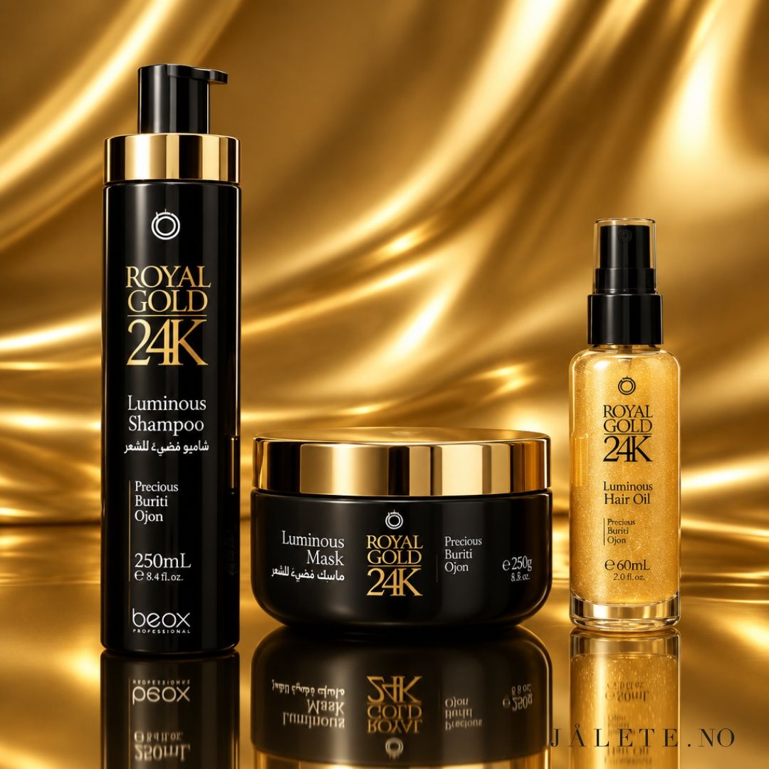 Komplett Royal Gold 24K hårpleie med Shampoo, Hair Mask og Glow On hårolje. For tørt, frizzy og behandlet hår som trenger mykhet, glans og pleie.