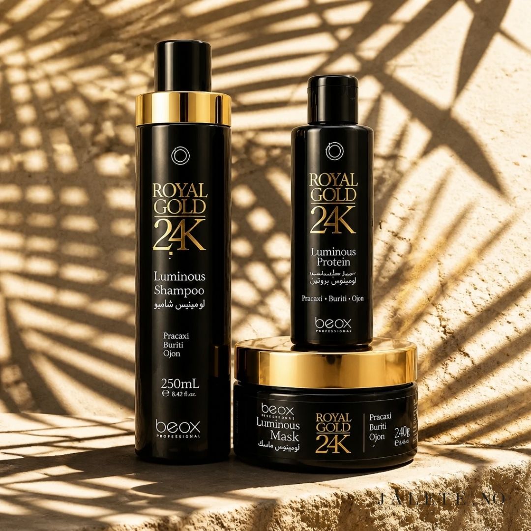 Royal Gold 24K bundle med 100 ml keratinbehandling, 250ml shampoo og 250ml masque. For mindre frizz, mer glans og pleie til tørt og behandlet hår.