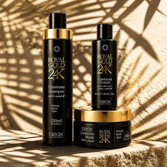 Royal Gold 24K bundle med 100 ml keratinbehandling, 250ml shampoo og 250ml masque. For mindre frizz, mer glans og pleie til tørt og behandlet hår.