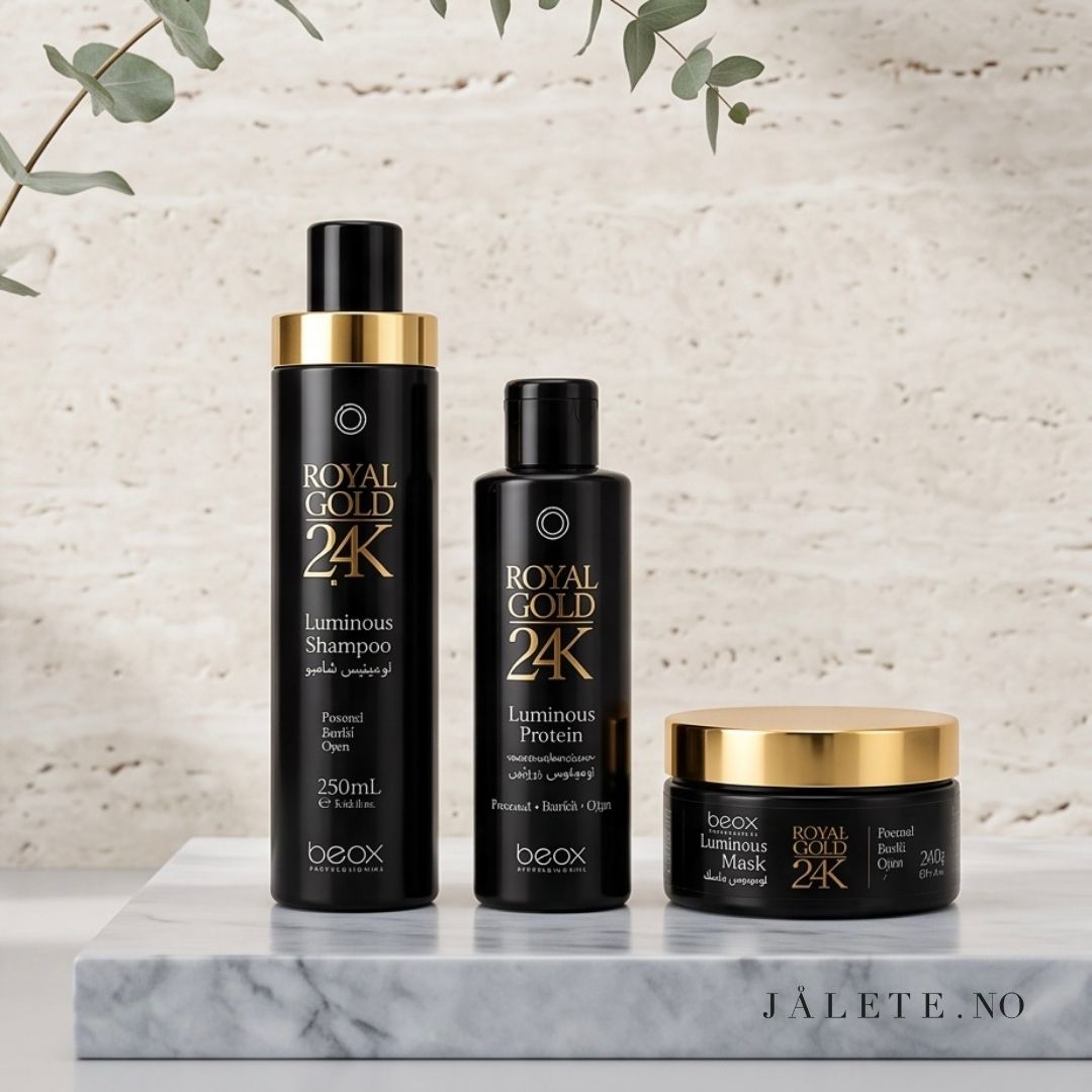 Royal Gold 24K bundle med 100 ml keratinbehandling, 250ml shampoo og 250ml masque. For mindre frizz, mer glans og pleie til tørt og behandlet hår.