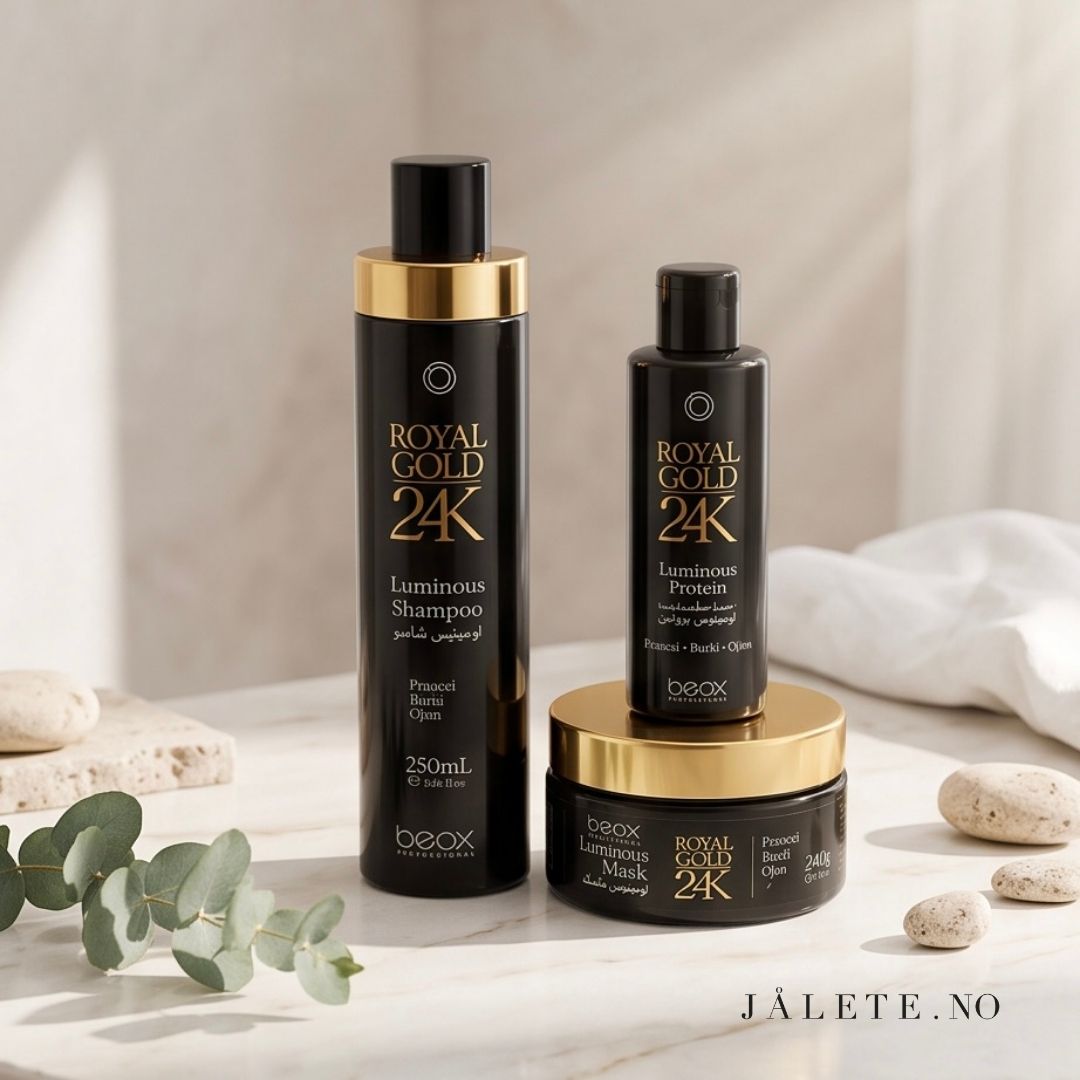 Royal Gold 24K bundle med 100 ml keratinbehandling, 250ml shampoo og 250ml masque. For mindre frizz, mer glans og pleie til tørt og behandlet hår.
