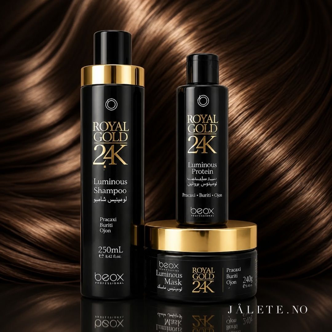 Royal Gold 24K bundle med 100 ml keratinbehandling, 250ml shampoo og 250ml masque. For mindre frizz, mer glans og pleie til tørt og behandlet hår.