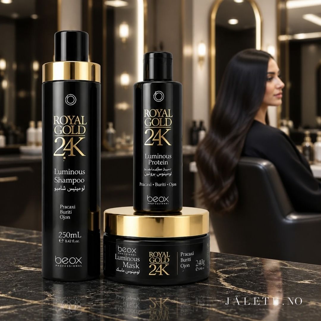 Royal Gold 24K bundle med 100 ml keratinbehandling, 250ml shampoo og 250ml masque. For mindre frizz, mer glans og pleie til tørt og behandlet hår.