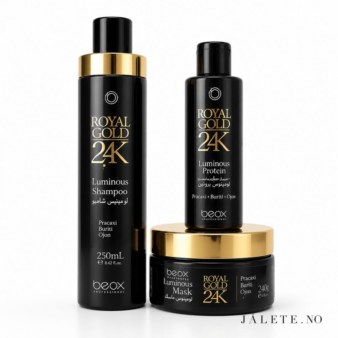 Royal Gold 24K bundle med 100 ml keratinbehandling, 250ml shampoo og 250ml masque. For mindre frizz, mer glans og pleie til tørt og behandlet hår.