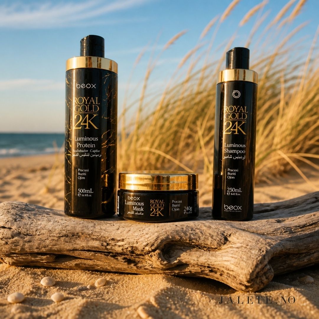 Royal Gold 24K bundle med 500 ml keratinbehandling, 250 ml shampoo og 250 ml masque. For mindre frizz, glans og pleie til tørt og behandlet hår.