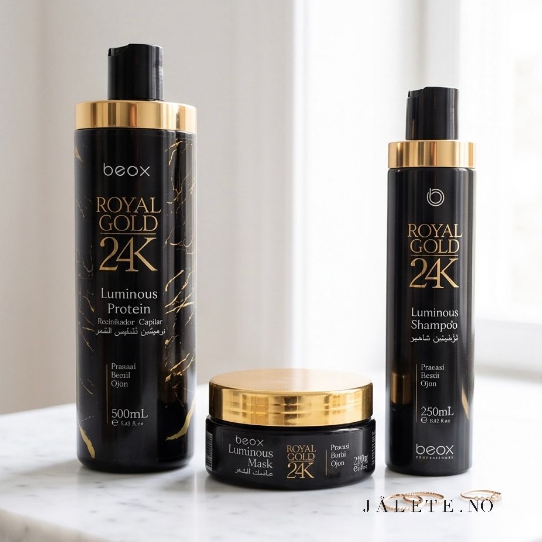 Royal Gold 24K bundle med 500 ml keratinbehandling, 250 ml shampoo og 250 ml masque. For mindre frizz, glans og pleie til tørt og behandlet hår.