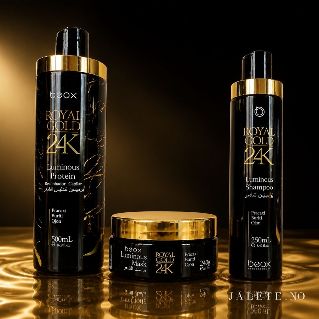 Royal Gold 24K bundle med 500 ml keratinbehandling, 250 ml shampoo og 250 ml masque. For mindre frizz, glans og pleie til tørt og behandlet hår.