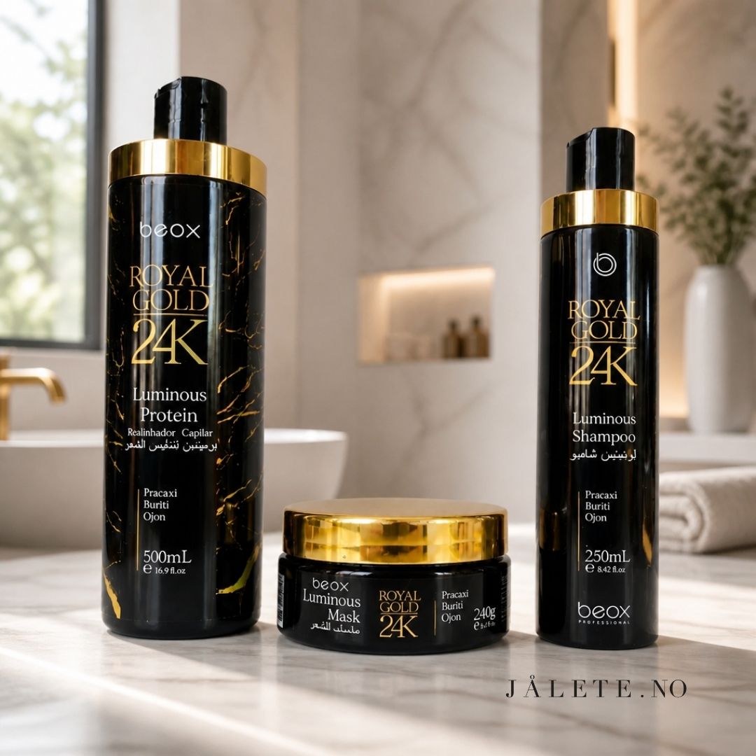 Royal Gold 24K bundle med 500 ml keratinbehandling, 250 ml shampoo og 250 ml masque. For mindre frizz, glans og pleie til tørt og behandlet hår.