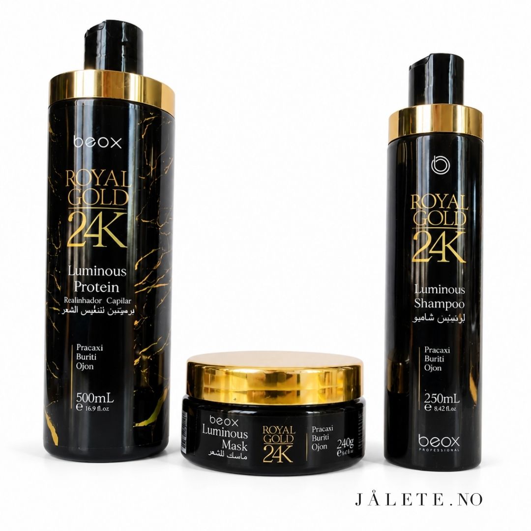 Royal Gold 24K bundle med 500 ml keratinbehandling, 250 ml shampoo og 250 ml masque. For mindre frizz, glans og pleie til tørt og behandlet hår.