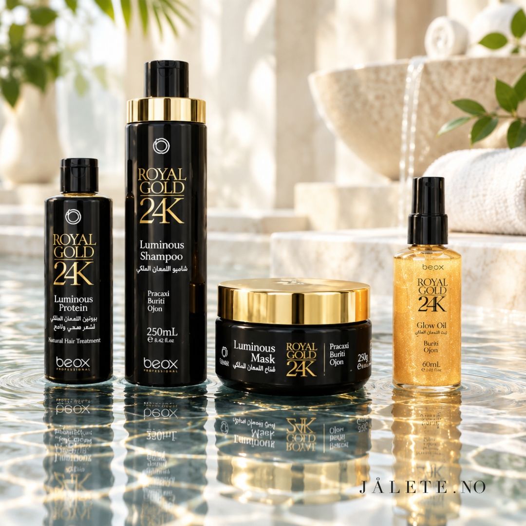 Komplett Royal Gold 24K-pakke med keratinbehandling, Shampoo, Masque og Glow On hårolje. For mindre frizz, mykere hår, mer glans og komplett hjemmepleie.