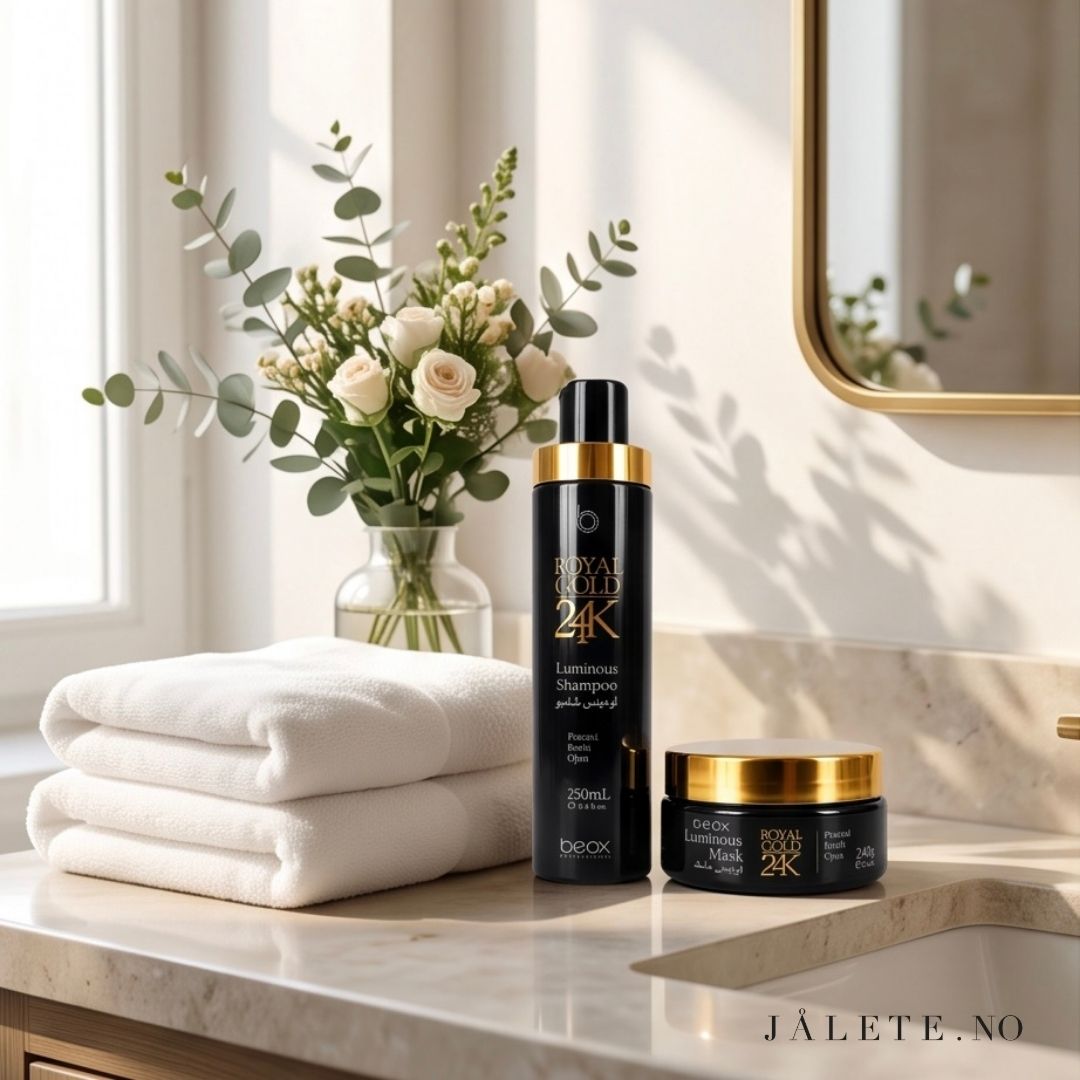 Royal Gold 24K Shampoo & Hair Mask gir pleie, glans og mykhet til keratinbehandlet, tørt, slitt og kjemisk behandlet hår.