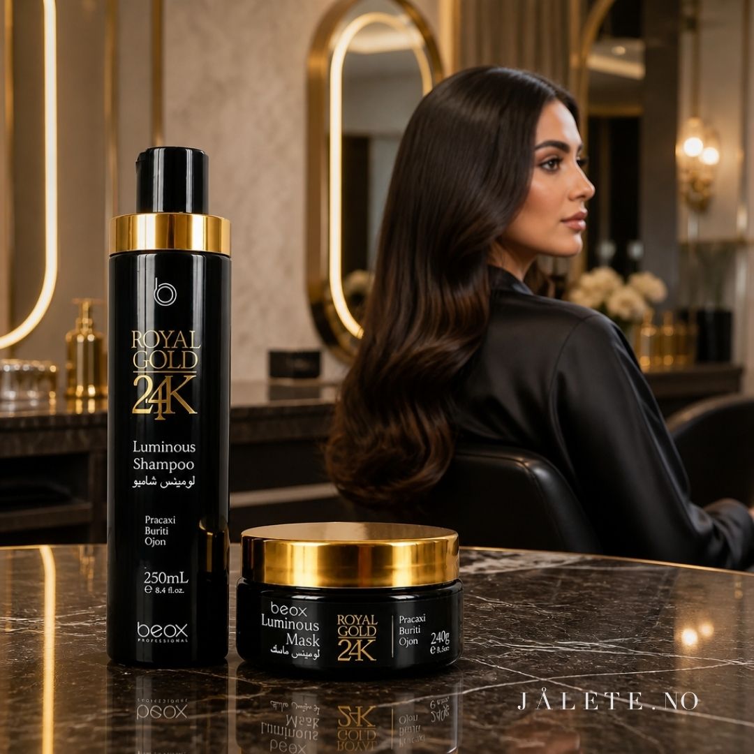 Royal Gold 24K Shampoo & Hair Mask gir pleie, glans og mykhet til keratinbehandlet, tørt, slitt og kjemisk behandlet hår.