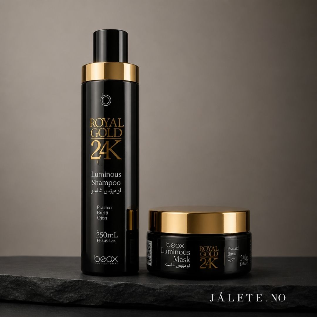 Royal Gold 24K Shampoo & Hair Mask gir pleie, glans og mykhet til keratinbehandlet, tørt, slitt og kjemisk behandlet hår.