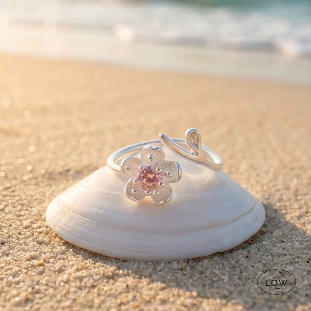 Sakura Bloom Open Ring justerbar ring 925 sterling sølv LØW Jewelry