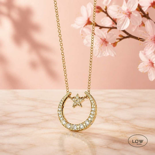 Selene Moon Star Necklace Gold | Måne halskjede dame