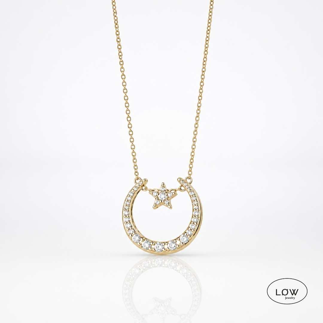 Selene Moon Star Necklace Gold | Måne halskjede dame