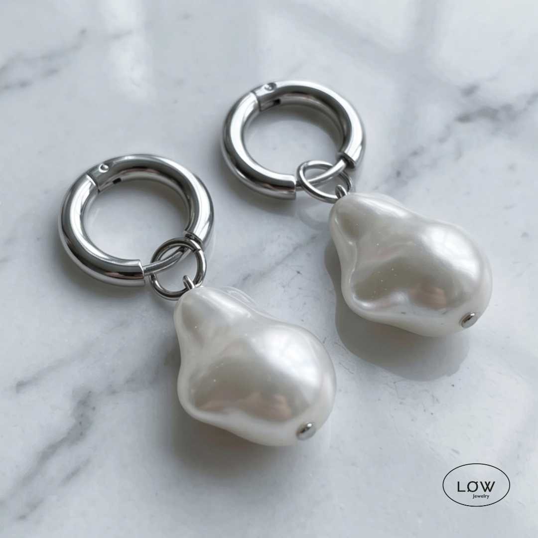 Hoops øreringer Silver Baroque Pearl Hoop Earrings ørepynt med kunstige perler LØW Jewelry