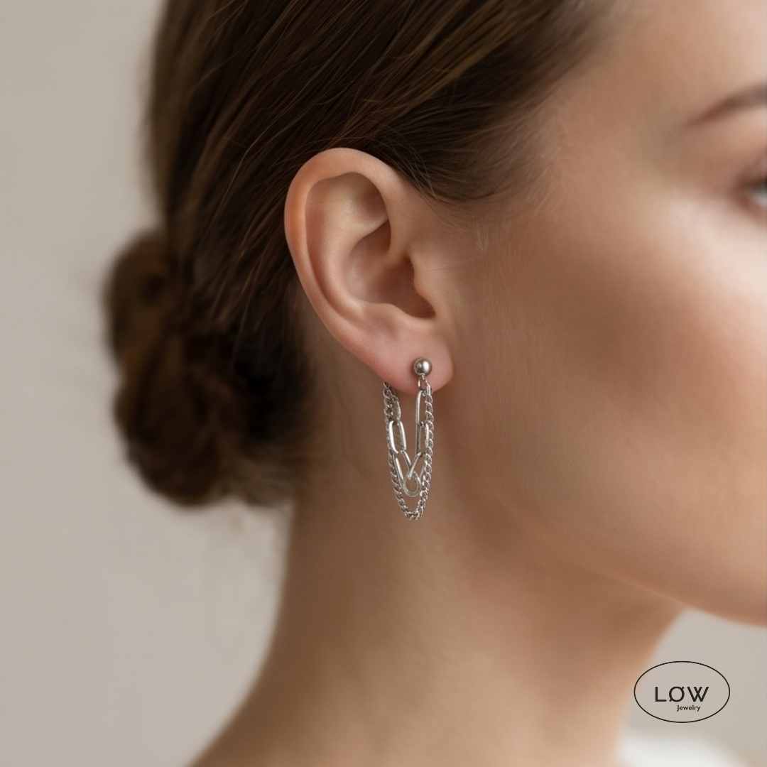 Ørepynt Silver Double Chain Tassel Earrings øredobber nikkelfri LØW Jewelry