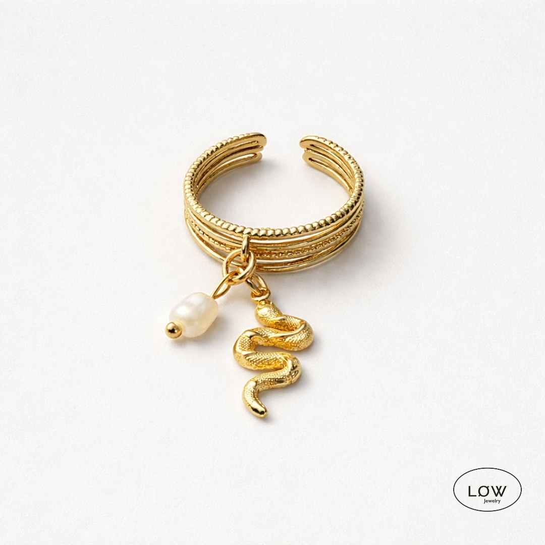 Open charms ring Snake & Pearl Charm Open Ring, justerbare ring LØ Jewelry