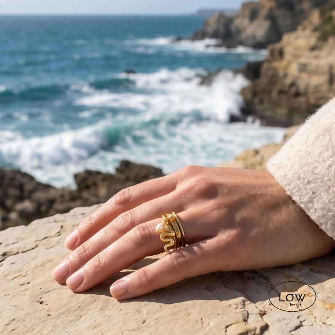 Open charms ring Snake & Pearl Charm Open Ring, justerbare ring LØ Jewelry