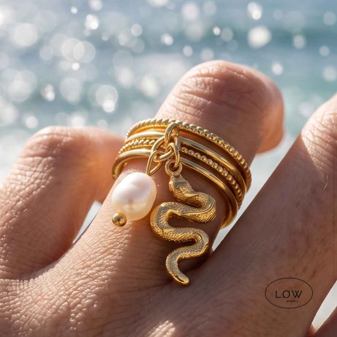 Open charms ring Snake & Pearl Charm Open Ring, justerbare ring LØ Jewelry