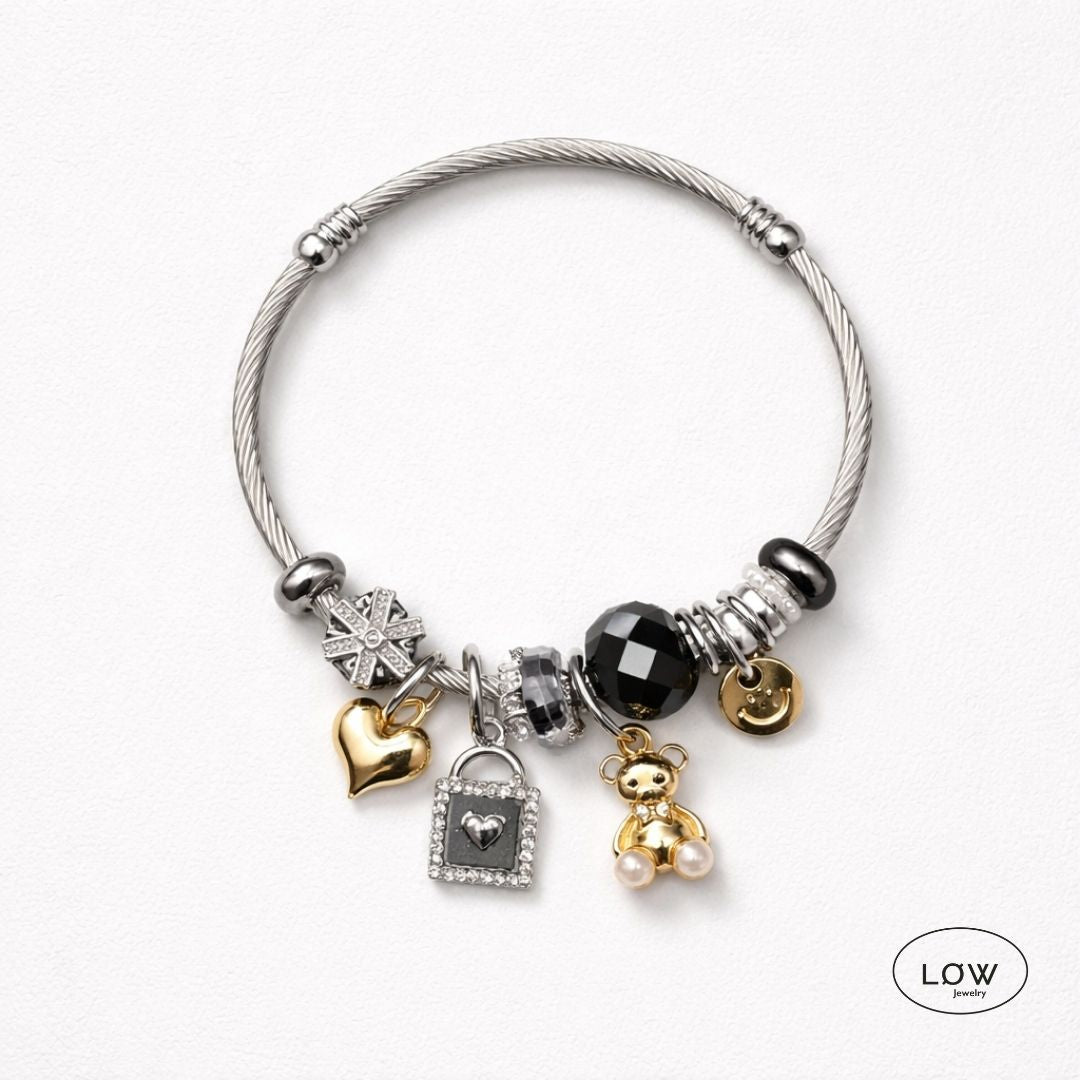 Teddy Heart Charm Bracelet Silver fra LØW Jewelry charms armbånd ferdig fylt